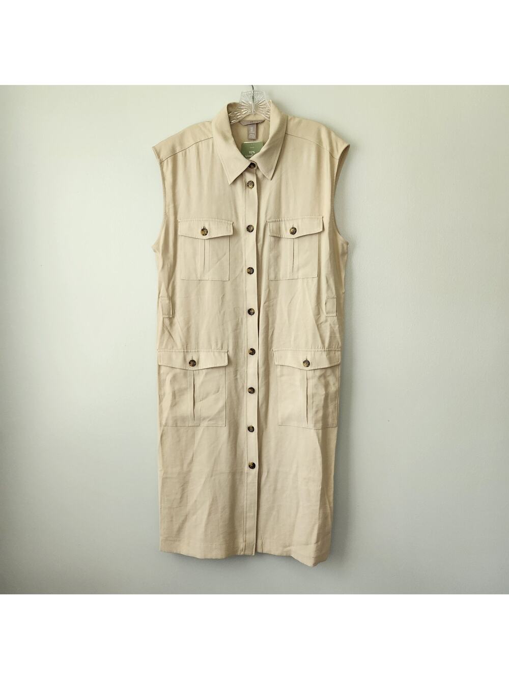 H&M Military Utility Shirt Dress Women L Beige Button Up Safari Desert Boho Chic